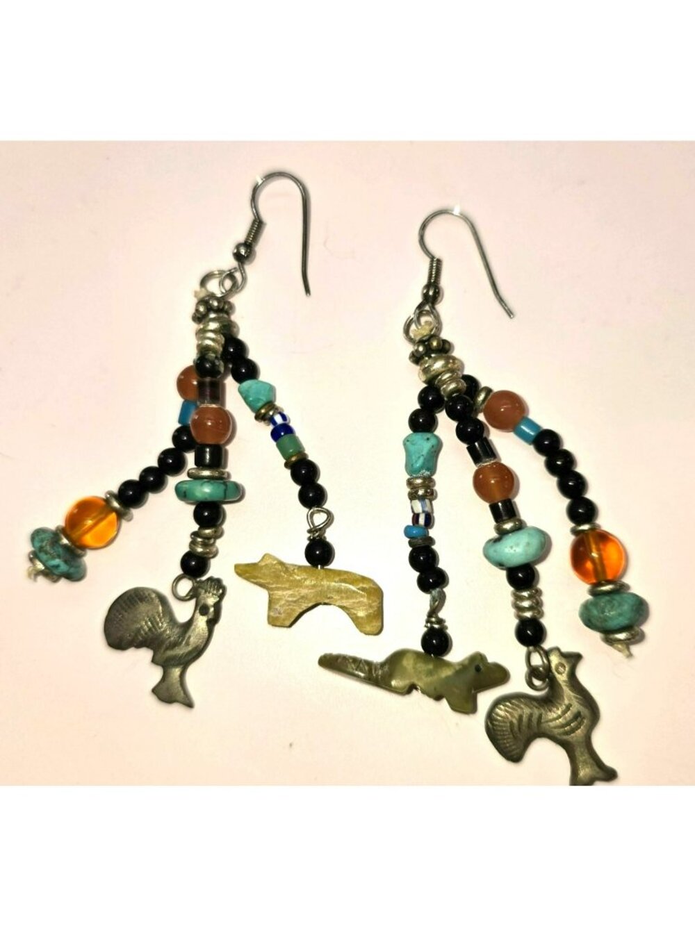 Vintage Multi-Beaded Dangle Earrings Animal Fetish Charms Rooster Accents CM2396